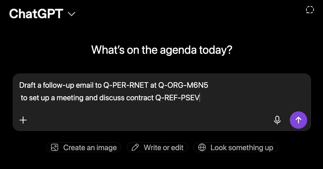 A ChatGPT prompt containing sensitive data: name, client and contract reference.