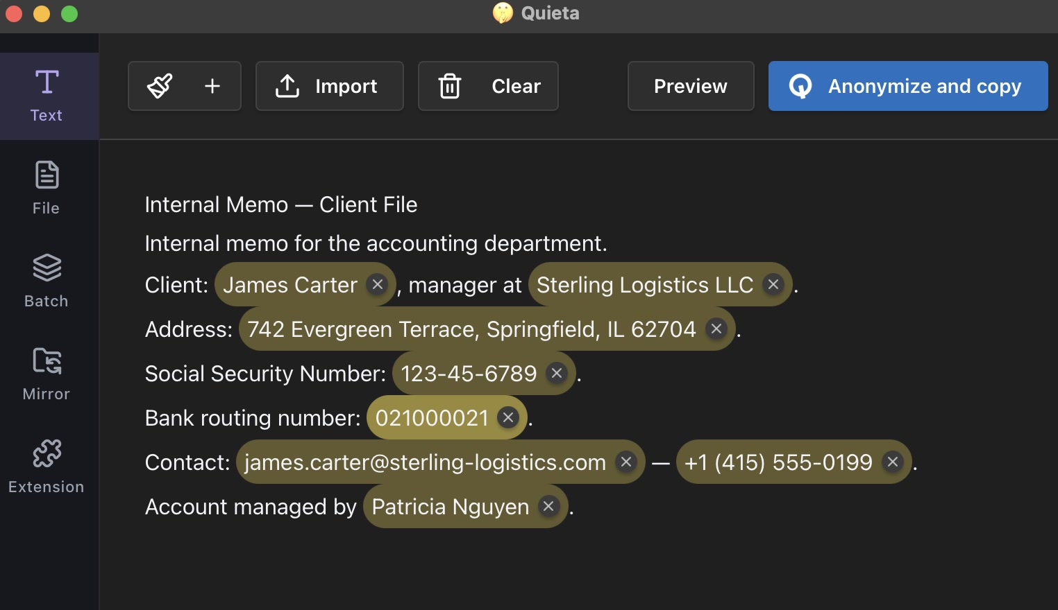 The Quieta app highlights the sensitive data in a client memo (name, address, Social Security number, bank routing number, email, phone) before masking it.